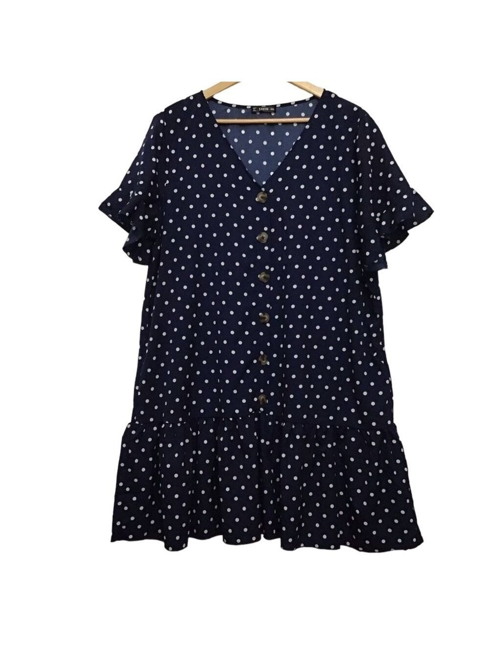 Shein 2XL Polka Dots Dress Navy Blue Plus Size lightweight woven button up v nec